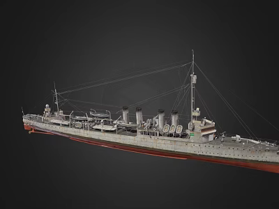 Detailed Warship Model Featuring Three Smokestacks Tall Masts And Deck Structures 3d model