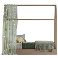 Kids House-Shaped Wooden Bed With Green Curtains String Lights And Cozy Pillows