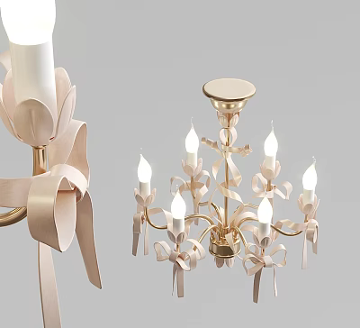 Elegant Gold Frame Chandelier with Bow Decor and Candle Shaped Lights 3d model Elegant Gold Frame Chandelier with Bow Decor and Candle Shaped Lights 3d model