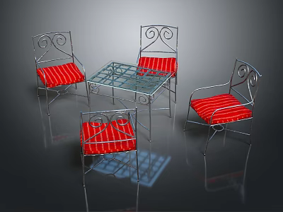 Outdoor Table With Glass Top And Four Metal Chairs Red Striped Cushions Scroll Design 3d model