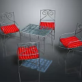 Outdoor Table With Glass Top And Four Metal Chairs Red Striped Cushions Scroll Design