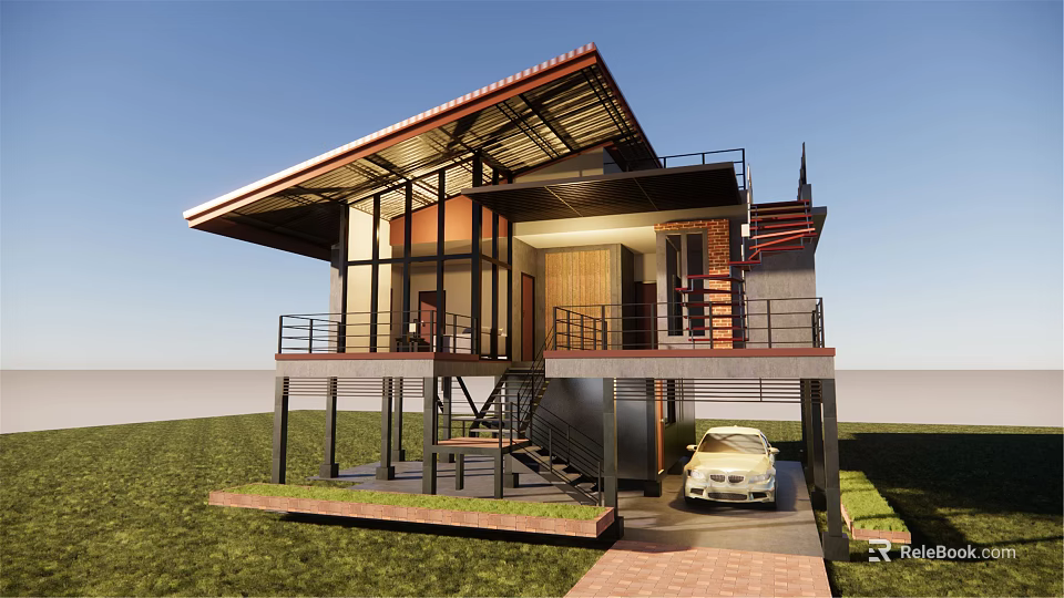 Modern Detached Villa With Sloped Roof Large Glass Windows Balcony Garage Lawn And Car 3d model 