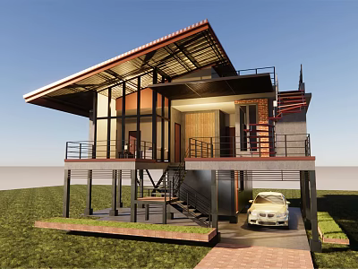 Modern Detached Villa With Sloped Roof Large Glass Windows Balcony Garage Lawn And Car 3d model