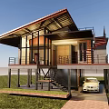 Modern Detached Villa With Sloped Roof Large Glass Windows Balcony Garage Lawn And Car
