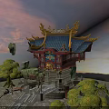 Traditional Chinese Architectural Structure With Golden Decor Blue Roof Floating Rocks And Sunset Scenery
