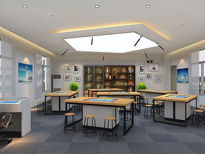 Modern Bright Study Space With Wooden Tables High Stools Bookshelves And Wall Decorations 3d model