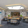 Modern Bright Study Space With Wooden Tables High Stools Bookshelves And Wall Decorations