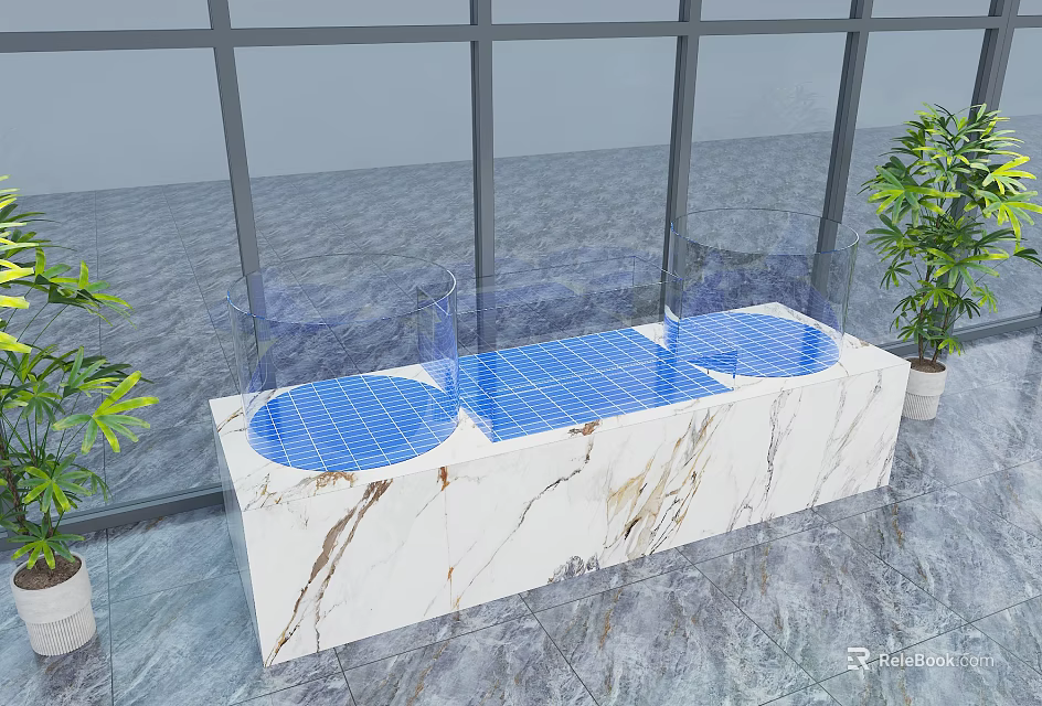 Marble Bench With Blue Grid Top Near Large Windows And Green Plants 3d model 