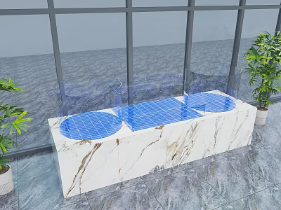 Marble Bench With Blue Grid Top Near Large Windows And Green Plants 3d model
