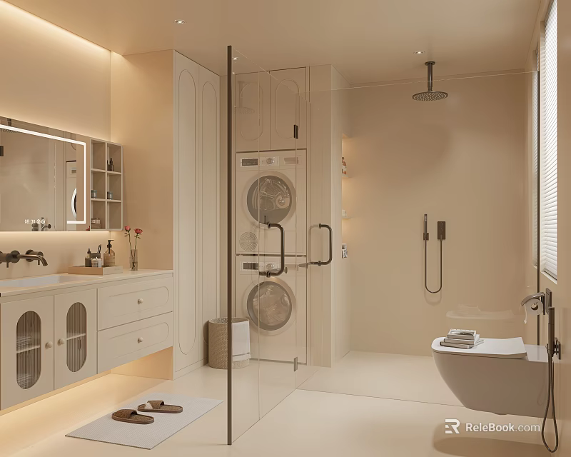 Modern Bathroom Interior Design With Glass Shower Enclosure Laundry Appliances Vanity And Mirror 3d model 