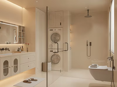 Modern Bathroom Interior Design With Glass Shower Enclosure Laundry Appliances Vanity And Mirror 3d model