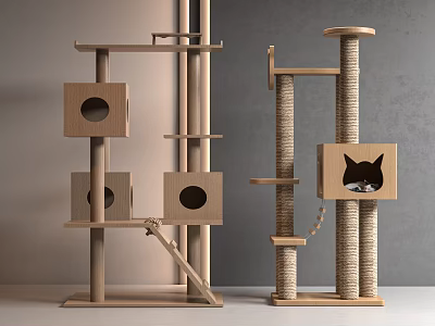 Wooden Cat Tree Furniture with Multiple Platforms Holes Cylindrical Posts and Cat Face Pattern 3d model