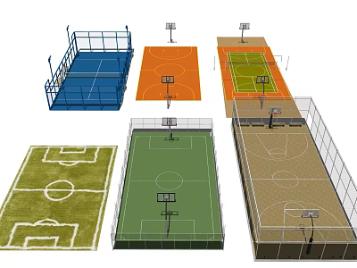 Various Colored Basketball Court Designs Featuring Fencing And Basketball Hoops 3d model
