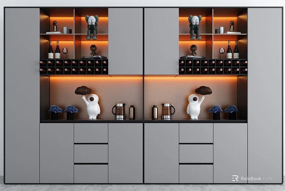 Modern Gray Wine Cabinet With Open Shelves Wine Bottles Decorative Items And Lighting 3d model 