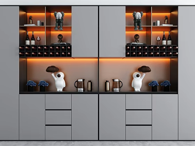 Modern Gray Wine Cabinet With Open Shelves Wine Bottles Decorative Items And Lighting 3d model