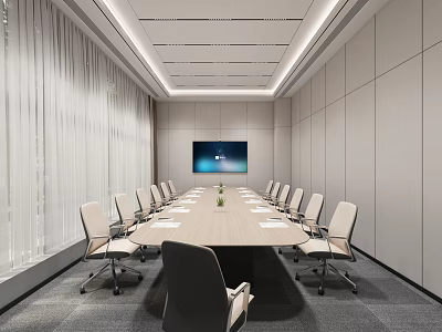 Modern Conference Room Interior With Long Wooden Table Comfortable Chairs And Large Screen TV 3d model