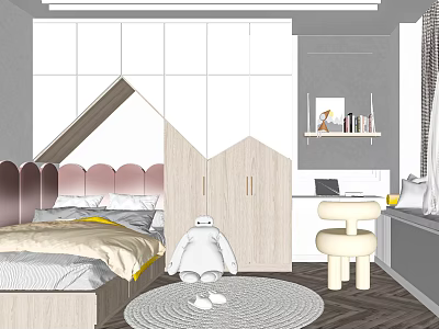 Modern Tatami Bedroom Interior Design With Pink Headboard Wooden Cabinets And Round Rug 3d model