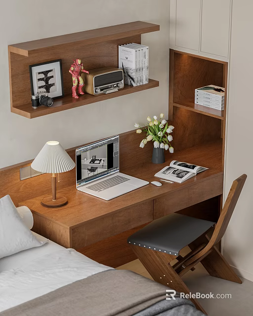Wooden Desk With Laptop Open Book Table Lamp Tulip Vase Iron Man Figurine And Radio 3d model 