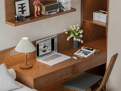 Wooden Desk With Laptop Open Book Table Lamp Tulip Vase Iron Man Figurine And Radio 3d model