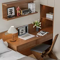 Wooden Desk With Laptop Open Book Table Lamp Tulip Vase Iron Man Figurine And Radio