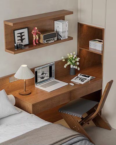 Wooden Desk With Laptop Open Book Table Lamp Tulip Vase Iron Man Figurine And Radio 3d model