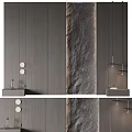 Modern Luxury Bathroom with Gray Walls Stone Texture Accent Round Mirrors and Pendant Lights