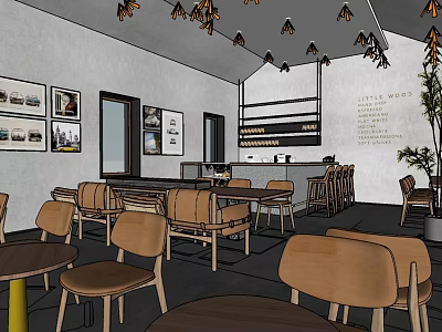 Cozy Restaurant Interior With Wooden Tables Chairs Chandeliers Bar Counter And Green Plant 3d model