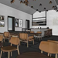 Cozy Restaurant Interior With Wooden Tables Chairs Chandeliers Bar Counter And Green Plant