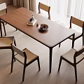 Modern Wooden Dining Table Set with Six Minimalist Beige Seat Chairs and Curtains