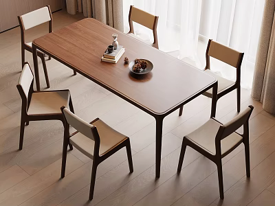 Modern Wooden Dining Table Set with Six Minimalist Beige Seat Chairs and Curtains 3d model