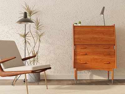 Leisure Chair With Wooden Cabinet Floor Lamp And Potted Plant In Modern Room 3d model