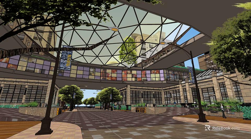 Commercial Complex Plaza With Modern Glass Roof Trees And Pedestrian Area 3d model 