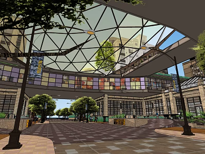 Commercial Complex Plaza With Modern Glass Roof Trees And Pedestrian Area 3d model