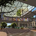 Commercial Complex Plaza With Modern Glass Roof Trees And Pedestrian Area