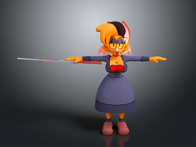 Cartoon Character With Orange Hair Glasses Purple Dress Red Top Outstretched Arms And Baton 3d model