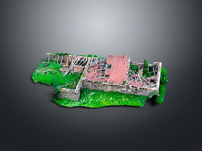 Architectural Model of Ruined Structure With Red Roof Green Grass and Stone Walls 3d model