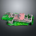 Architectural Model of Ruined Structure With Red Roof Green Grass and Stone Walls