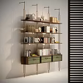 Modern Bookcase Interior Design With Multilayer Shelves Books Photo Frames And Green Drawers
