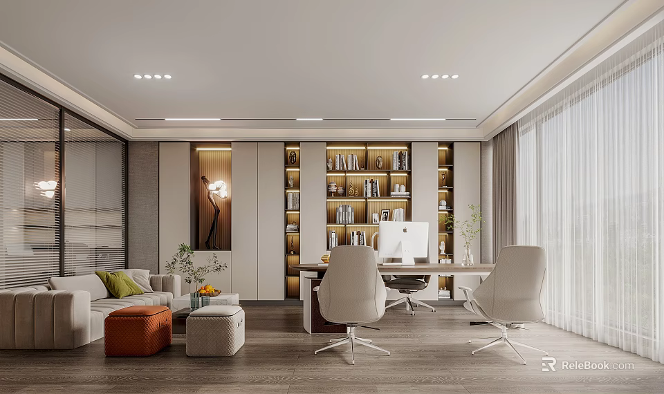 Modern Office Interior Design With Bookshelves Computer Sofa And Natural Lighting 3d model 
