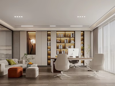 Modern Office Interior Design With Bookshelves Computer Sofa And Natural Lighting 3d model