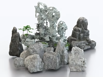 Natural Stones And Wooden Decor Elements With Diverse Shapes And Small Plants 3d model