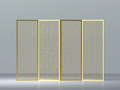 Golden Four Panel Room Divider With Vertical Slats And Small Square Patterns 3d model