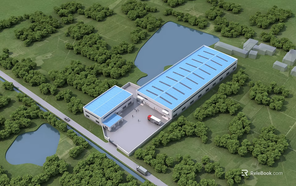 Modern Industrial Factory with Blue Roof Surrounded by Green Vegetation and Lakes 3d model 