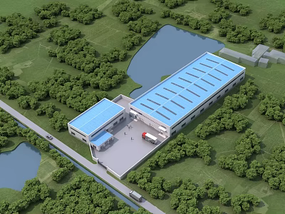 Modern Industrial Factory with Blue Roof Surrounded by Green Vegetation and Lakes 3d model