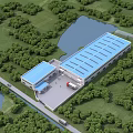 Modern Industrial Factory with Blue Roof Surrounded by Green Vegetation and Lakes