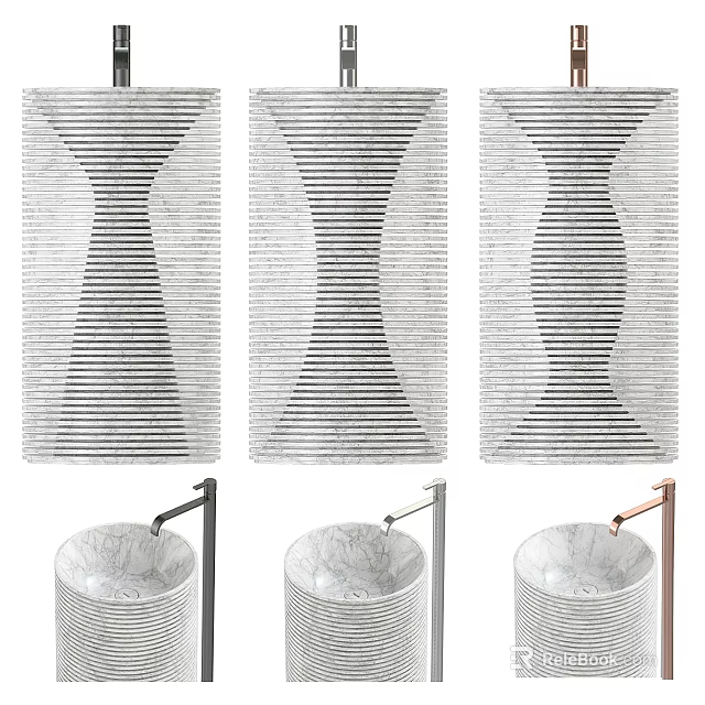 Elegant Modern Marble Washbasin With Striped Background And Different Colored Faucets 3d model