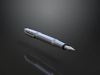 Silver Metallic Fountain Pen with Shiny Surface on Dark Background and Reflection 3d model