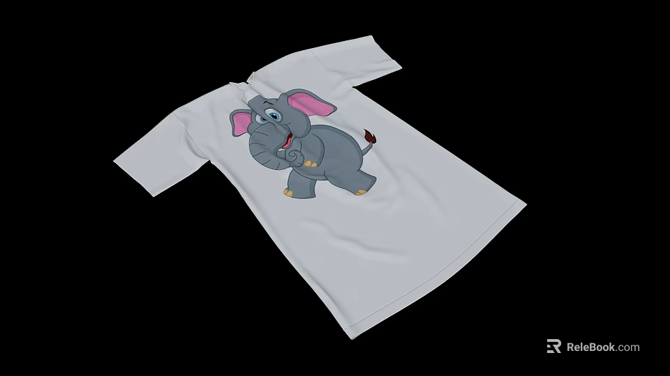 White T-shirt with Cute Cartoon Elephant Graphic Pink Ears and Gray Body Design 3d model 