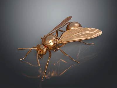 Detailed Golden Ant Sculpture With Metallic Shiny Surface And Wings 3d model