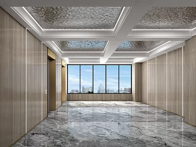 Elevator Lobby Featuring Wooden Walls Marble Flooring Metal Ceiling And Large Windows 3d model